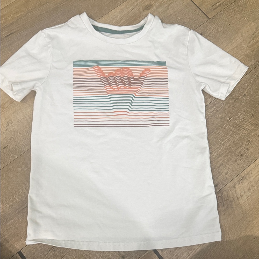 Kids White Graphic Tee with Mint and Coral Stripes